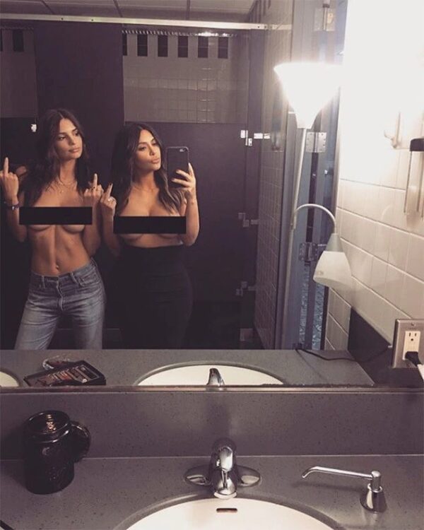 Emily Ratajkowski and Kim Kardashian flashing their boobs together in a public restroom ???? ???? https://t.co/SnvC8dT32p