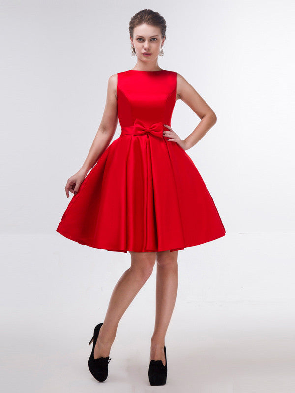 Modest Red Knee Length Formal Dress with Bow – JoJo Shop