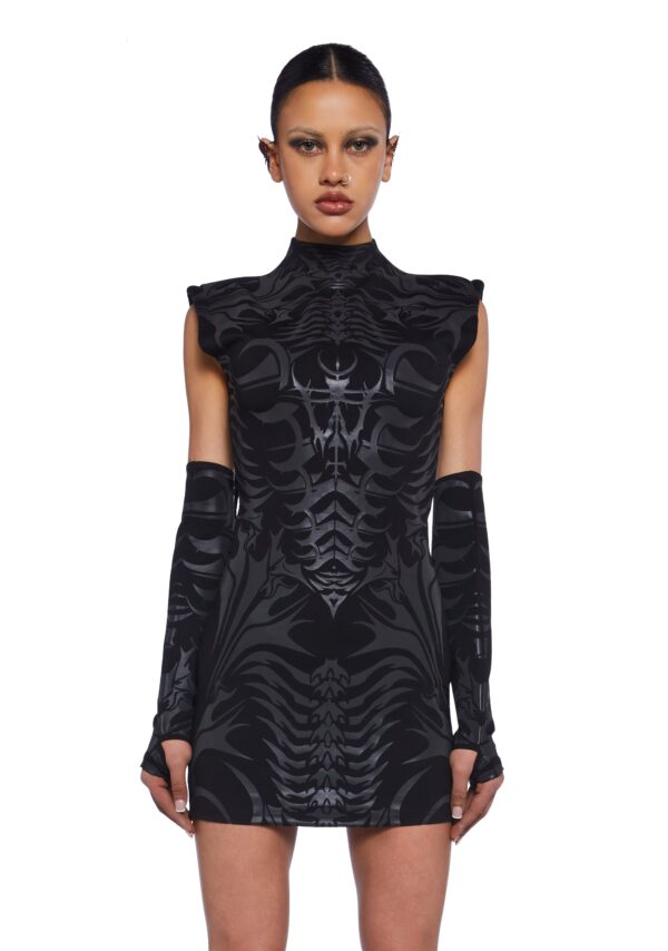 Club Exx Reflective Cyber Print Bodycon Mini Dress With Gloves Techno