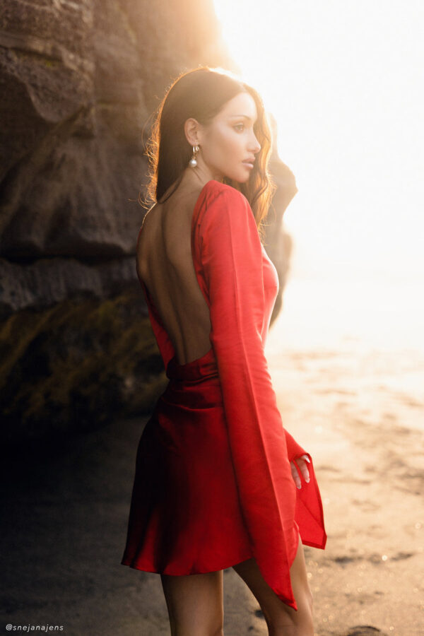 Davina Satin Long Sleeve Mini Dress – Red