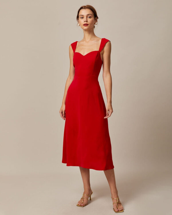 The Red Sweetheart Neck Cap Sleeve Midi Dress – Red Sweetheart Neckline A Line Cap Sleeve Dress – Red – Dresses