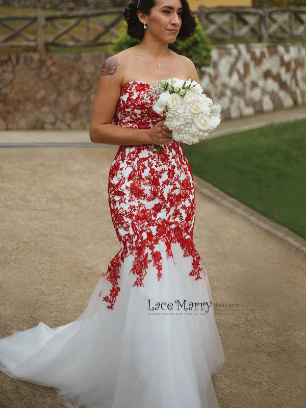 Red Lace Wedding Dress with Ivory Tulle, Strapless Sweetheart Neckline