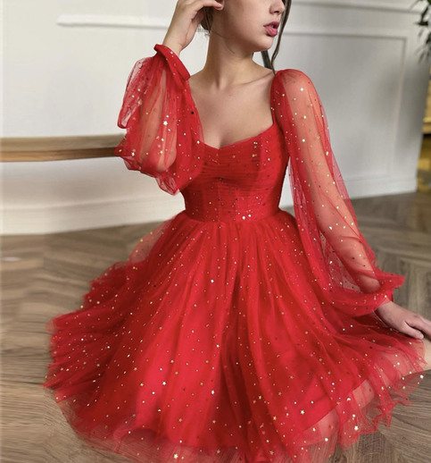 Red Tulle Short Prom Dress with Long Sleeve Cocktail Dress · Little Cute · Online Store Powered by Storenvy