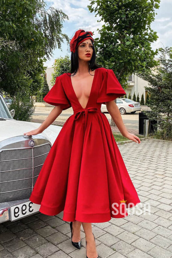 Attractive Deep V-neck Red Vintage Formal Dress with Sleeves QS2312 – SQOSA