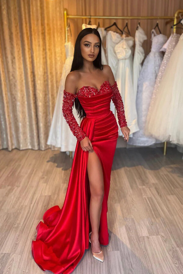 Red Sweetheart Satin Sequins Prom Dress, Red Long Sleeve Evening Party