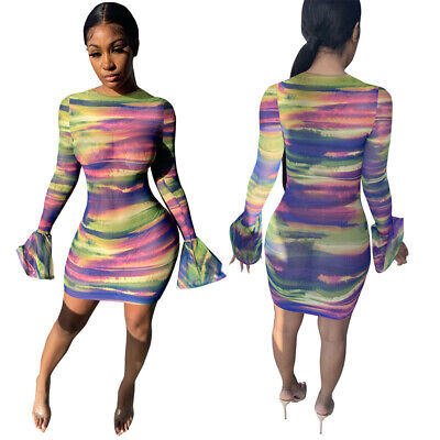 NEW Stylish Women Long Flare Sleeves Colorful Print Mesh Bodycon Club Dress