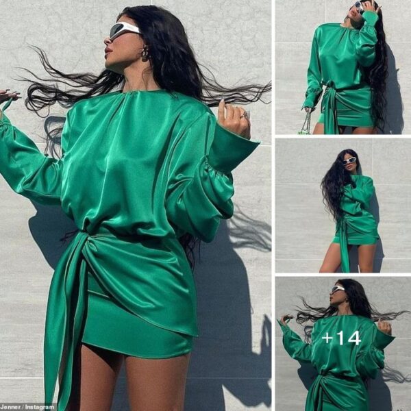 Kylie Jenner's mesmerizing satin mini dress with emerald detailing is pure perfection, radiating grace and sophistication at eve…