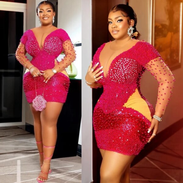 Luxury Fuchsia Aso Ebi Cocktail Dresses Plus Size Short Prom Dresses Sheer Neck Long Sleeves Pearls Illusion Mini Club Dress Birthday Party Gowns Dinner Gown C032 From Yestothedress, $173.75