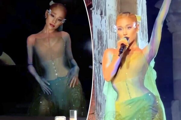 Ariana Grande performs inside the 2024 Met Gala in ethereal corset gown