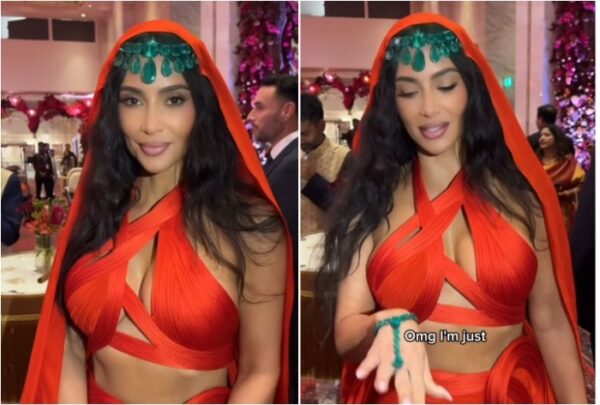 Kim Kardashian is Keeping Up with The Ambanis, Wears Huge Emerald Studded Jewellery in Stunning Red Saree