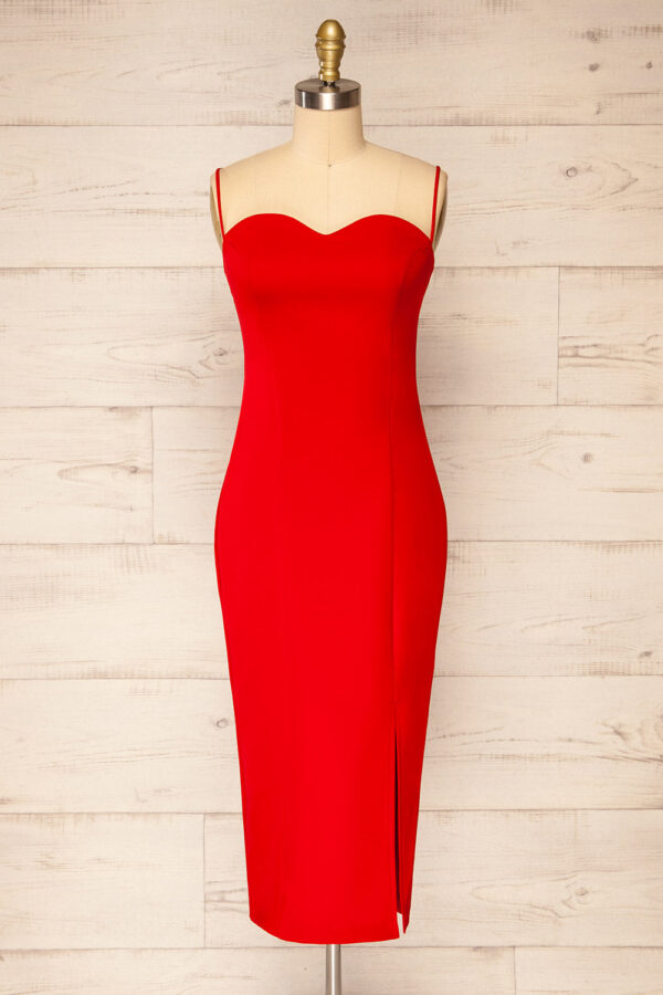 Miira Red | Fitted Midi Dress w/ Sweetheart Neckline