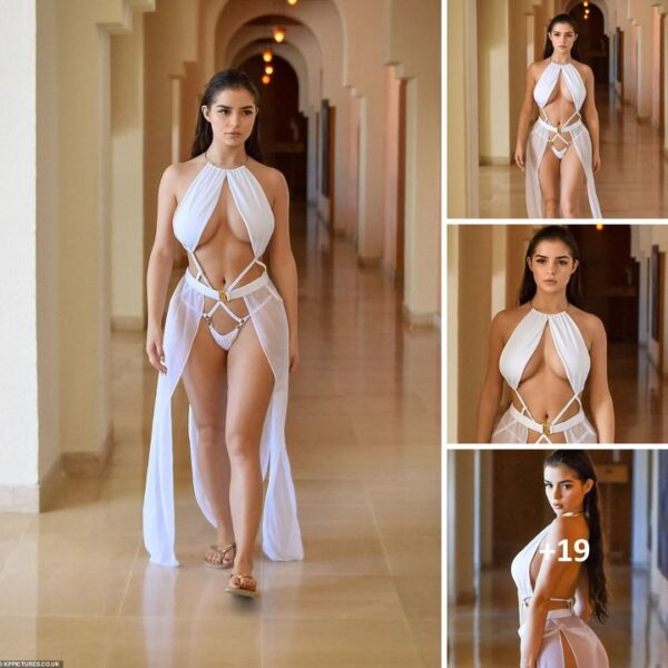 Demi Rose exudes timeless elegance reminiscent of a Grecian goddess in this breathtaking bikini with a train