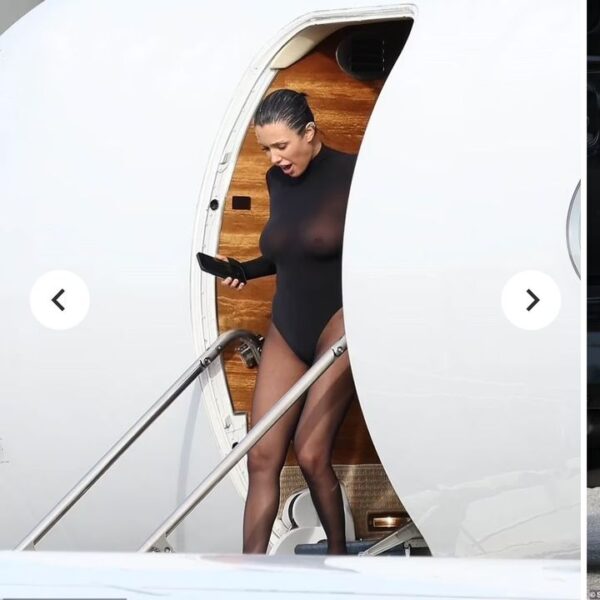 Kanye West's wife Bianca Censori exposes her breasts and backside in a sheer leotard as she exits a private jet with husband, ra…