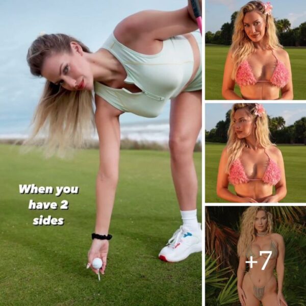 Paige Spiranac goes braless in tight-fitting golf outfit – before stripping down to fluffy bikini top