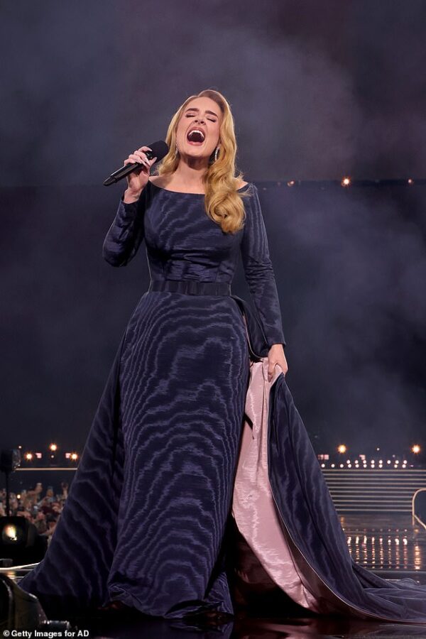 Adele PAUSES Munich concert to have part of her dress removed after torrential downpour made it ‘too heavy’ to wear