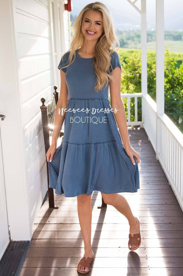 Slate Blue Tiered Modest Dress | Best and Affordable Modest Boutique