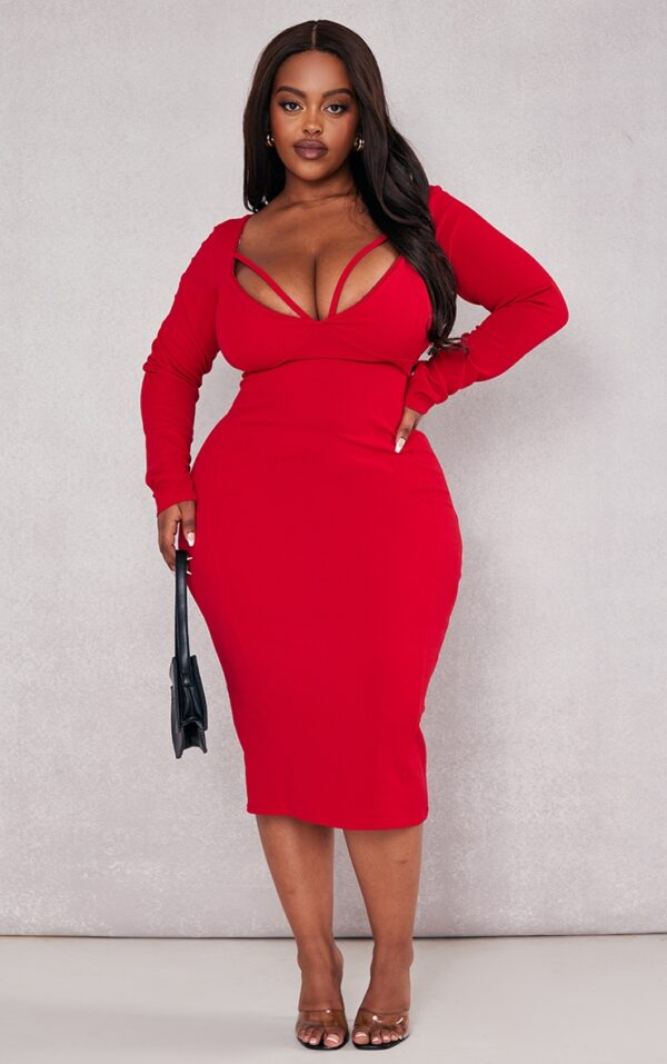 Plus Red Strap Detail Long Sleeve Midi Dress