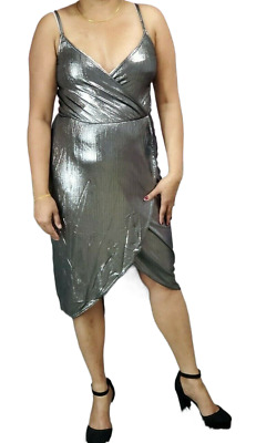 Silver Metallic Thunder Mini Dress Soft V Neck Strappy Sleeve Party Club Dresses