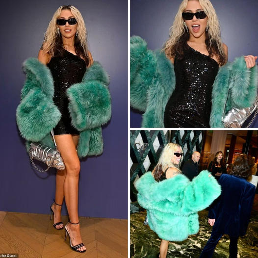 Leave it to Miley Cyrus to steal the show in a sparkling minidress and green coat at her album release party. ‎