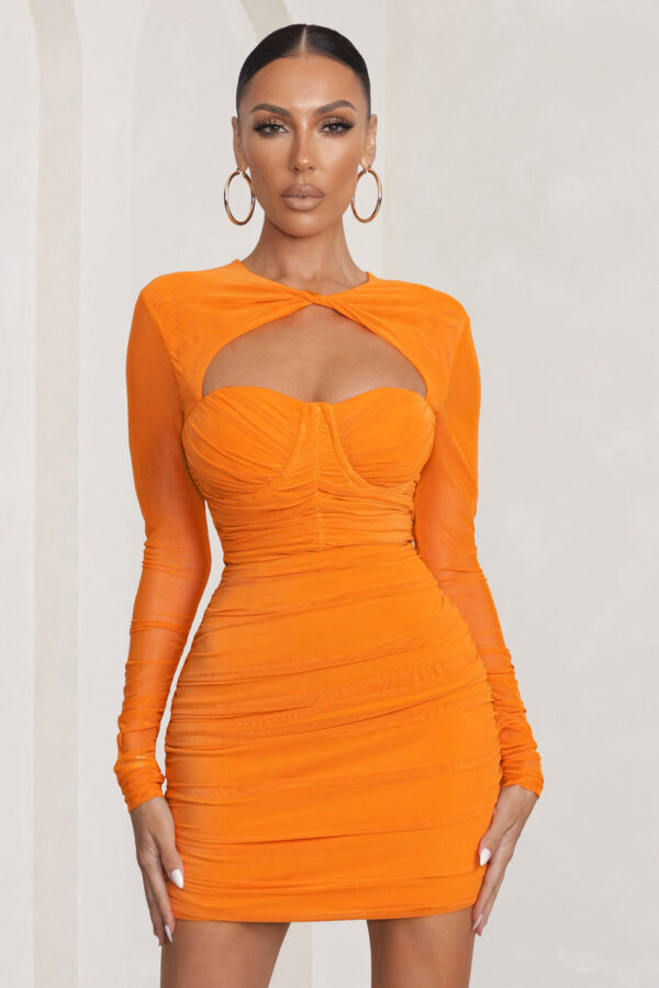 Daiquiri Orange Cut Out Ruched Mesh Mini Dress With Long Sleeves – Club L London