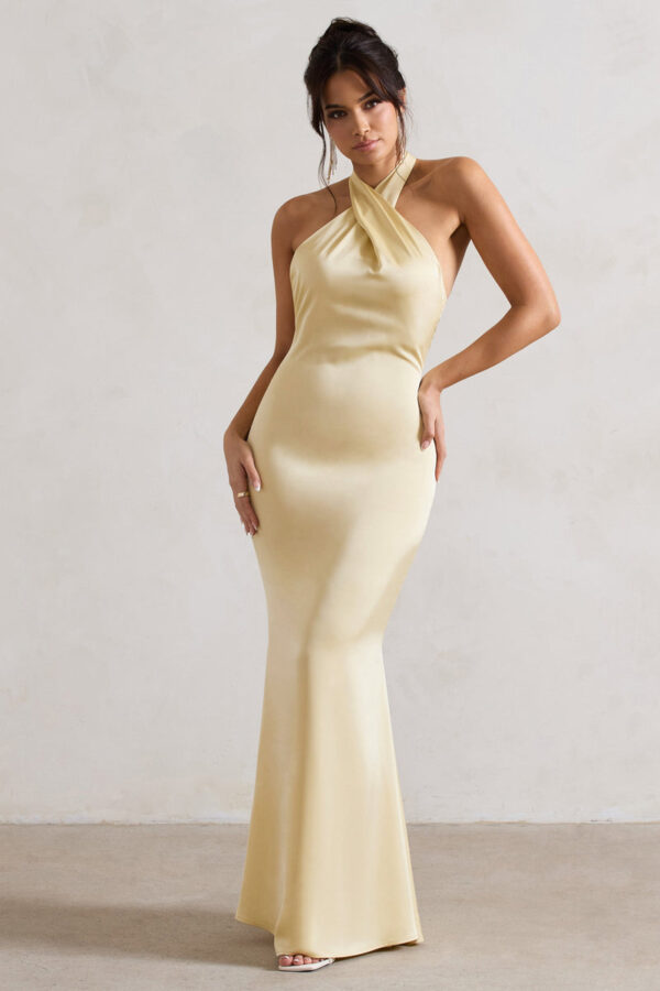 Unbeatable Lemon Satin Cross Over Halter-Neck Maxi Dress – Club L London