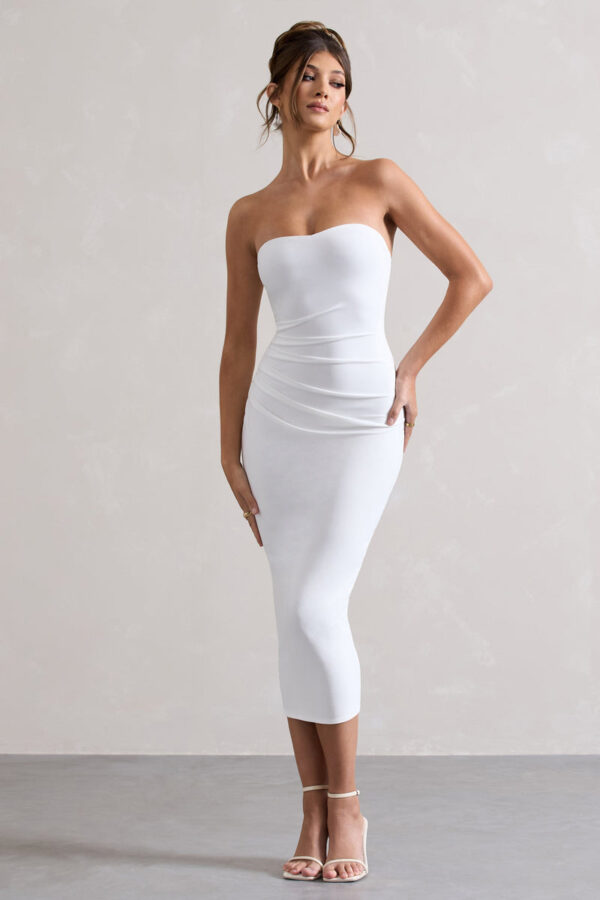 East End White Strapless Gathered Midi Dress – Club L London