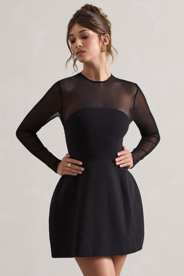 Austen Black Mesh Long-Sleeve Mini Dress – Club L London