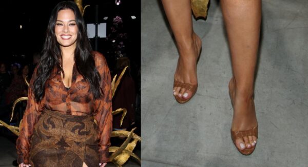 Ashley Graham Slips On Nude Croc-Embossed Mules for Etro Spring 2025 Show at Milan Fashion Week