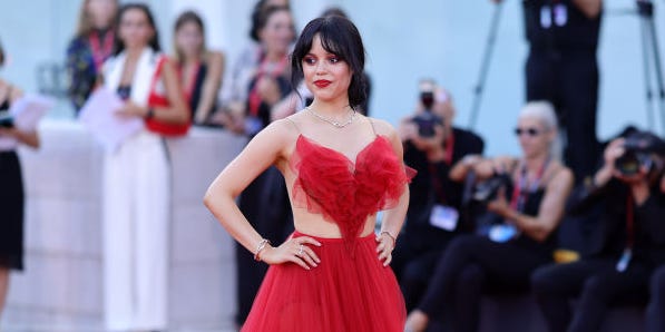 Jenna Ortega Is Ravishing in a Gauzy Red Gown at the Venice Film Festival