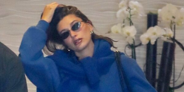 Hailey Bieber Wears Blue Sweater and Leggings in First Post-Baby Outing