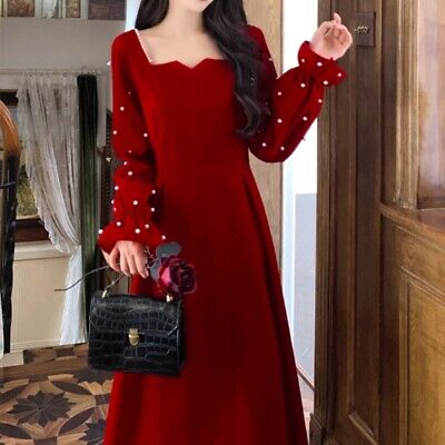 Women's sweet square neck velvet long sleeve high waist red dress Casual  Retro