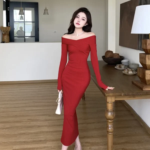 Red Long Sleeve Offshoulder Maxi Dress