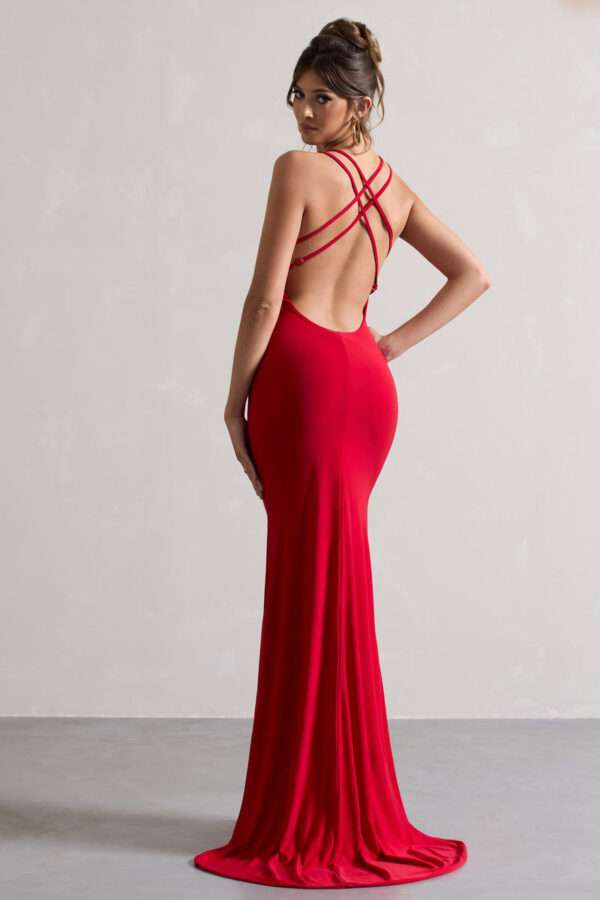 Lucky Day Red Cross Over Back Fishtail Maxi Dress – Club L London