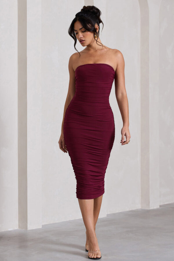 My Girl Burgundy Bandeau Bodycon Ruched Mesh Midi Dress – Club L London