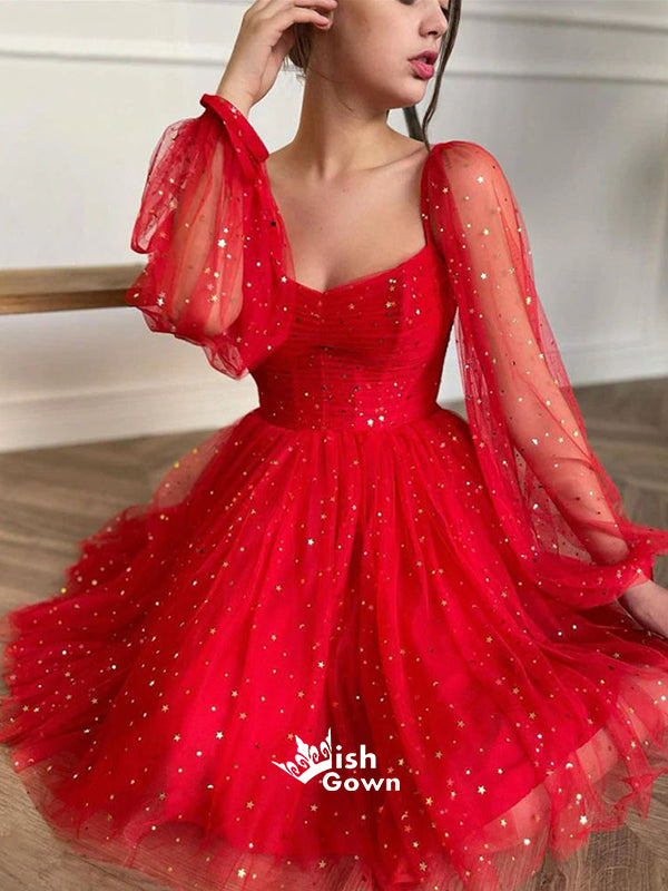 Red Tulle Long Sleeve Gold Starry Sweetheart Short Homecoming Prom Gow – Wish Gown