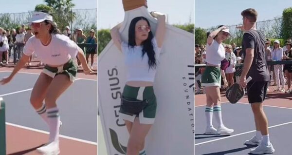 Katy Perry shares a victorious kiss with fiancé Orlando Bloom after beating him during a star-studded charity pickleball tournam…