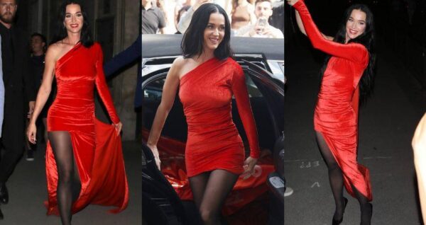 Katy Perry looks great in a red dress with a long train while seen arriving at The Ritz in Paris, France – CELEB NEWS