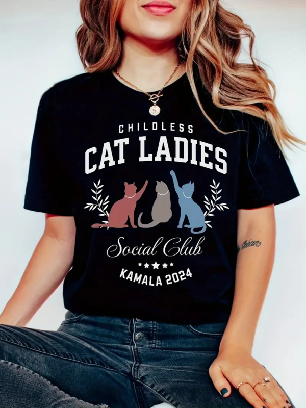 Empowering Cat Ladies 2024 T Soft 100% Cotton, Crew Neck, Slight Stretch, Knit Fabric – Feminine Democratic Party Support, Presidential Election Apparel, Equality Rights, Social Club Kamala 2024 Tee for Women