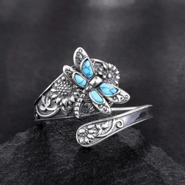 Turquoise Dragonfly Sunflower Wrapped Ring – Unique Bohemian Style Jewelry for Women with Delicate Details and Vibrant Colors