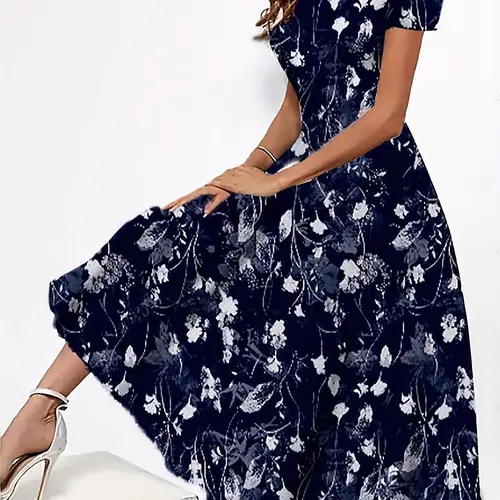 Vibrant Floral Print Crew Neck Short Sleeve Dress – Elegant,