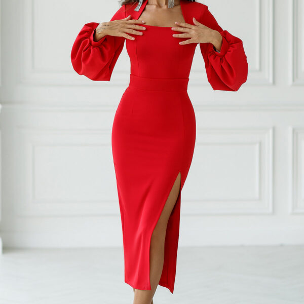 Red Square Neck Puff-Sleeve Midi Dress – ELAGIA