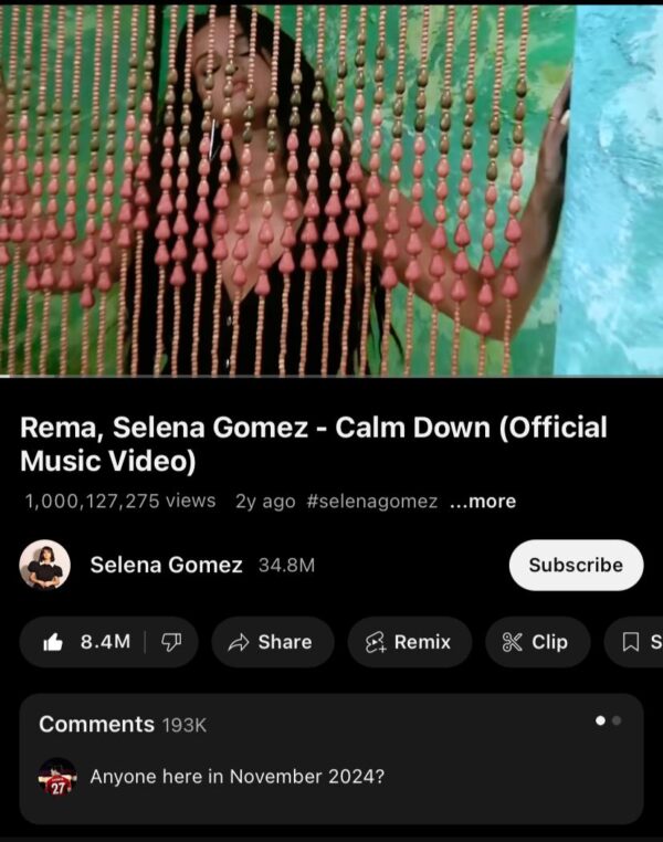 Indirimbo 'Calm down' ya Rema yasubiranyemo na Selena Gomez imaze kurebwa n'abarenga miliyari. Ibi byayigize Indirimbo ya mbere  iri mu njyana ya Afrobeats iciye aka gahigo ko kurebwa n'abagera kuri miliyari kuri YouTube.

✍️ @Anselme_tuyizer https://t.co/Kh3EtPHCha