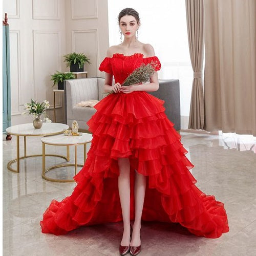 G340, Luxury Red Short Front Long Back Trail Ball Gown, Size (All)PP
– Style Icon www.dressrent.in